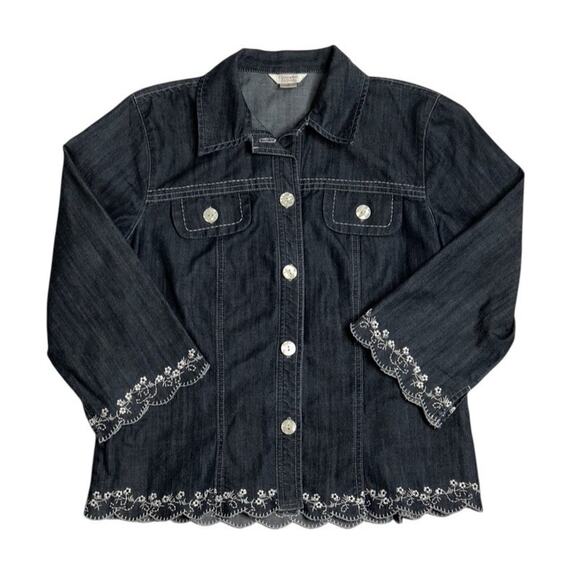 Christopher & Banks Jean Jacket Blue Chambray Denim Embroidered 3/4 Sleeve Sz S - Picture 1 of 7